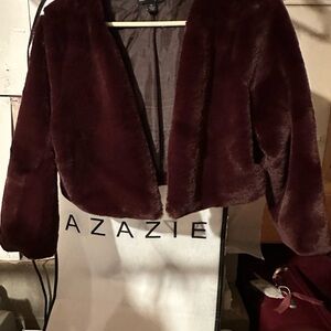 Wine colored crop fox fur dress coat with little hook